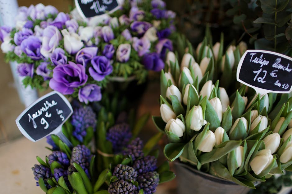 A close-up of a floral display featuring a bouquet of purple and white lisianthus flowers with delicate, soft petals, alongside bunches of white tulips with smooth, elongated petals and bright green l