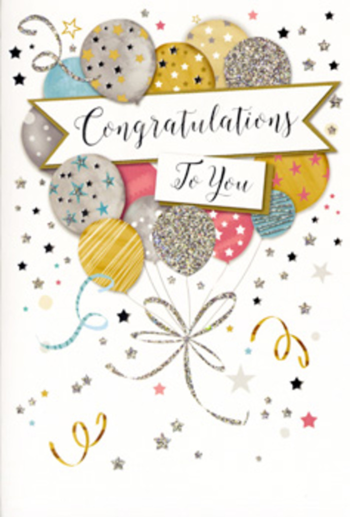 The photograph features a beautifully styled congratulations card that captures the spirit of a party in full swing, yet rendered with grace and subtlety. Dominating the design is a loose cluster of balloons floating upwards, each balloon slightly overlapping the next to create a sense of depth and abundance. They shine in a palette of champagne gold, soft silver, frosted white, sky blue, blush pink, and gentle grey, with surfaces adorned in shimmering glitter, tiny stars, and refined stripes. The balloons look almost luminous, as if lit by soft indoor light, reminiscent of an evening celebration in a Maida Vale townhouse overlooking nearby canal paths. From each balloon, slim gold and silver strings trail downwards, curling organically and crossing over one another, forming an intricate tangle that feels both carefree and intentional, much like a hand-tied bouquet's trailing ribbons. Scattered across the pale background are drifting metallic stars, confetti-like dots, and playful ribbon swirls that mimic the spontaneous joy of a surprise party or a toast raised after good news. Cutting through the centre sits a stylish banner, gently curved and edged like fine stationery, carrying a neatly scripted Congratulations To You message in ornate, flowing lettering. The atmosphere of the card is one of polished celebration-festive without being loud-perfect for honouring life's proudest occasions, from university graduations to promotions and new beginnings. Viewed through a florist's eye, it feels like the paper counterpart to a celebratory bouquet delivered across Maida Vale, carefully chosen to convey admiration, pride, and heartfelt joy in one elegant gesture.