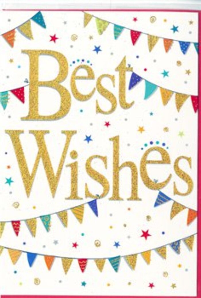 This charming Best Wishes card captures the joyful mood of a neighbourhood celebration in Maida Vale, where colour, optimism, and gentle elegance come together on a single crisp white canvas. At the heart of the design, the phrase Best Wishes is rendered in generous loops of golden script, its smooth, metallic sheen giving off a subtle glimmer, as if catching warm afternoon light filtering through townhouse windows. The lettering is bold and confident yet soft around the edges, radiating kindness rather than formality. Surrounding this central message, strings of bunting cross the card in graceful arcs, above and below, creating a sense of frame and movement. Each tiny triangular pennant feels thoughtfully placed, painted in lively shades of cobalt, crimson, lime, sunshine yellow, and fuchsia, with some flags carrying delicate patterns-slim stripes, scattered polka dots, or mosaic-style shapes that add whimsy and texture. The bunting evokes the feeling of festive decorations strung across a courtyard or along a balcony overlooking the canal. Dotted around the design, miniature stars and circular confetti marks in coordinating colours appear to float in the white space, adding energy and a sense of happy spontaneity, like the flicker of fairy lights during a party. The balance of clean white background, sparkling gold text, and colourful decorations creates an atmosphere of joyful sophistication. This is the kind of card a customer might choose to accompany a hand-tied bouquet for an engagement, exam success, or a new chapter in life, sending warm encouragement and celebratory cheer with the same gentle vibrancy that defines everyday life around Maida Vale's leafy streets.