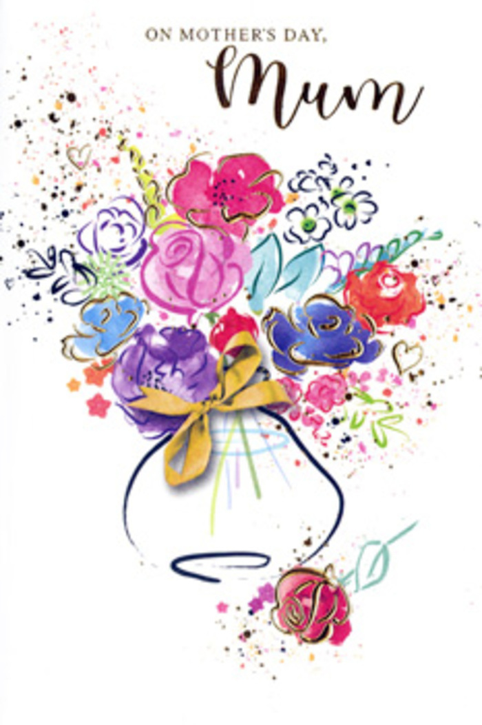In this richly detailed Mother's Day card design, the flowers seem to bloom directly from the page, painted with the same care and intention a Maida Vale florist would use when styling a bespoke bouquet. At the heart of the composition, lush cerise and fuchsia blossoms cluster together, their petals edged in deep indigo strokes that define each curve and fold with expressive precision. Surrounding them, looser washes of blue, lavender, and apricot drift outward, allowing pigments to softly merge and overlap, creating that dreamy, watery effect only true watercolour offers. Fine threads of glimmering gold trace individual petals and leaves, catching the imaginary light and giving the impression of delicate gilding, like the gentle shimmer you might notice on freshly cut blooms displayed in a shop off Elgin Avenue. The bouquet gathers into a stylised vase at the bottom of the image, its outline loose but purposeful, with tones of soft grey, buff, and muted rose suggesting ceramic or glass without overdefining the material. Scattered around the flowers are playful splashes and dots of paint, along with subtle heart shapes and arcs of colour that echo affectionate doodles in the margin of a handwritten note. Together they lend a joyful, slightly whimsical air, reminiscent of children helping to choose flowers for Mum after school near Randolph Avenue. The background remains bright white, allowing the composition to breathe and giving the impression of light streaming through a Maida Vale window. This illustrated bouquet feels both energetic and tender, a visual embrace wrapped in colour, perfectly suited to expressing gratitude and love on Mother's Day.