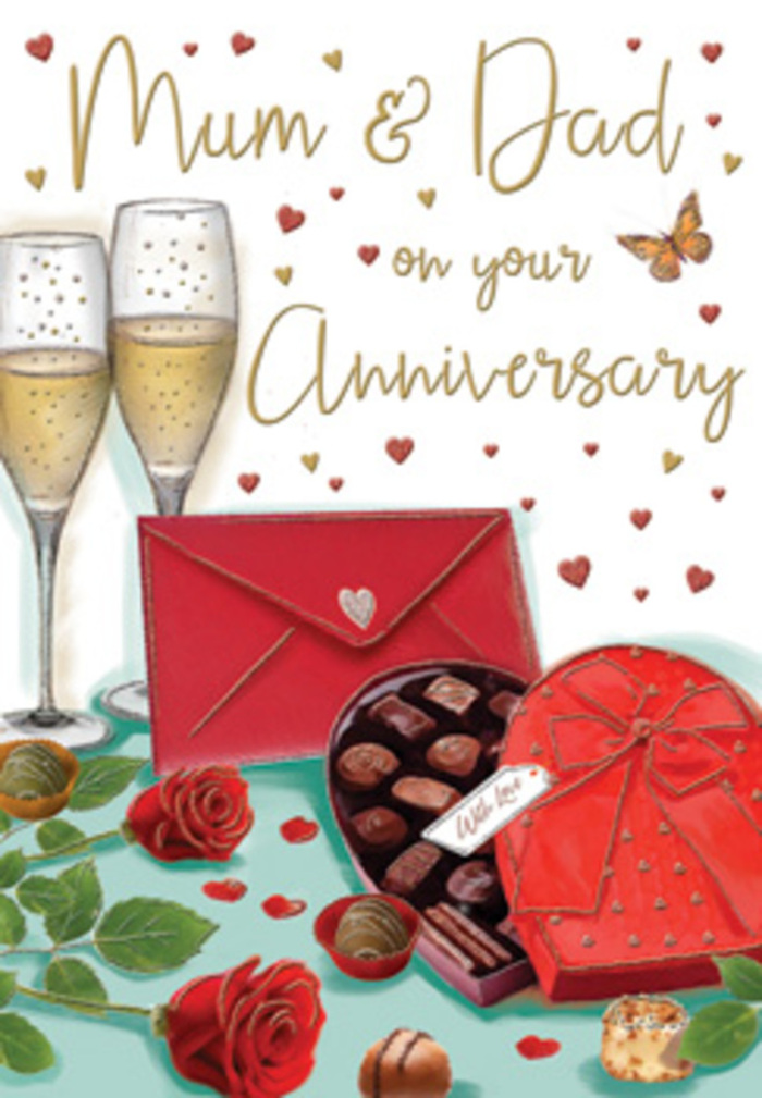 The illustrated anniversary card shows a richly detailed celebration still life, the sort of romantic tableau you might picture on a side table in a Maida Vale flat overlooking tree-lined streets. At the back of the composition, two tall champagne flutes stand in close harmony, each glass drawn with fine, clear lines that catch subtle reflections. Inside, a soft golden champagne hue glows warmly, with tiny effervescent bubbles rising through the liquid as though just poured to mark an important milestone. In the foreground, a heart-shaped box of chocolates commands attention. Its casing is rendered in deep red tones, the lid pushed open to reveal an array of indulgent chocolates nestled inside, some domed, some square, each shaded to suggest rich cocoa and creamy centres. A lavish red satin bow wraps around the box, its loops falling in gentle curves across the table surface, giving the sense of a carefully prepared gift. To one side lie two red roses, their heads turned slightly towards the viewer. The illustration captures the roses in full bloom, petals layered in tight spirals, textured to appear velvety and soft, like freshly cut stems brought in from a local florist serving Maida Vale and neighbouring Little Venice. Their green leaves frame the blossoms and add balance to the rich red palette. Scattered chocolate pieces and tiny shimmering hearts in gold and crimson dot the surrounding space, introducing movement and playful detail. Above and around the scene, hand-lettered text for Mum & Dad curves gently, reinforcing that this design is meant to celebrate a long-lasting parental love. A scarlet envelope rests nearby, its crisp edges and closed flap hinting at a heartfelt message waiting to be opened. The whole image radiates warmth, romance, and gratitude, like a private anniversary moment shared quietly at home.