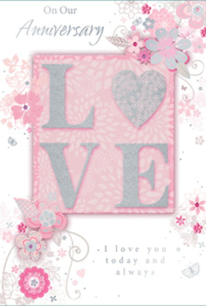 Shown in close detail, this anniversary card feels like stepping into a sun-washed Maida Vale drawing room where love is honoured in small, daily gestures. The central motif is the word LOVE, printed in a frosted glitter finish that catches and scatters the light in soft blush and pearly tones. Each letter is slightly raised, offering a gentle, tactile pleasure when touched, much like the textured stems and petals of a hand-tied bouquet. Around this focal word, wispy, hand-drawn flowers and sprays of foliage drift along the borders, their petals tinted in shades of pink, lilac, and creamy ivory. The illustrations are fine and airy, suggesting the lightness of spring blossoms you might encounter in hidden Maida Vale gardens or along the quiet streets leading towards Little Venice. Delicate filigree lines curl among the blooms, while dainty leaves and almost-hidden butterflies are woven into the design, suggesting the flutter of hearts and the soft movement of a breeze through fresh flowers. The message I love you today and always appears in simple, understated type, placed with care so it seems to rest comfortably within the floral frame. Its calm, sincere tone mirrors the enduring affection the card is meant to celebrate. The overall composition feels balanced and peaceful, like a carefully arranged bouquet where no stem is out of place. It has the intimacy of a personal note and the artistry of a florist's sketch, making it a fitting paper companion to flowers delivered for an anniversary in Maida Vale-quietly expressive, tender, and full of lasting sentiment.
