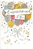 In this image, a luxurious congratulations card is shown as if it were a small, contained celebration ready to be given alongside flowers. At its centre, a graceful bouquet of illustrated balloons floats upwards, clustered together in a gentle arc. Each balloon is perfectly rounded and softly gleaming in shades of gold, silver, champagne, sky blue, blush pink, and light grey, with individual patterns of glittering stars, fine stripes, or delicate speckles lending a sense of character to each one. The surfaces look slightly textured, suggesting raised glitter that would catch the light much like festive decorations glimpsed through Maida Vale shop windows on a bright day. Fine golden and silvery strings stream down from the balloons, looping and intertwining in airy curls, giving the design a feeling of weightlessness and movement. Surrounding the cluster are scattered metallic stars, tiny dots, and swirling ribbons, like confetti and streamers frozen mid-flight at the happiest moment of a celebration. Across the middle of the card, a soft, ribbon-like banner stretches out, cradling the phrase Congratulations To You in elegant, flowing script that feels heartfelt and sincere. The background remains light and uncluttered, allowing the metallic tones to shine and the message to stand out clearly. The overall mood is joyful and proud yet sophisticated, an ideal companion to a congratulatory bouquet sent to mark exam success, a promotion, or any special achievement in and around Maida Vale. You can almost imagine someone stepping out of a local florist, this card tucked beside fresh blooms, ready to deliver a burst of shared happiness.