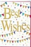 This Best Wishes card radiates the gentle thrill of a celebration ready to begin, much like the lively yet relaxed atmosphere of Maida Vale on a sunny afternoon. At the centre, the words Best Wishes sweep across the card in lush, golden script, the lettering slightly raised and gleaming so it almost seems to glow against the bright, unblemished white background. The font is elegant and flowing, with confident curves that feel warm and welcoming rather than formal. Encircling this shimmering message, lines of bunting stretch in soft, curving lines above and below, as though draped from one side of the card to the other. The tiny triangular flags are painted in vivid, festive colours-deep blue, cherry red, lively green, marigold yellow, and jewel-like purples and pinks. Some flags carry dainty patterns of stripes or dots, while others are simple blocks of colour, together creating a pleasing rhythm that suggests movement, like bunting fluttering gently in a breeze during a garden party near Paddington Recreation Ground. Scattered delicately around the bunting and text, a constellation of small stars and confetti-style dots adds a playful sparkle, hinting at fireworks or tossed confetti frozen in mid-air. The design feels spacious yet full of life, with the white background keeping everything fresh and contemporary. This card is perfectly suited to accompany a congratulatory bouquet for a promotion, a housewarming near Warwick Avenue, or a personal milestone, offering heartfelt good wishes wrapped in a look that is both joyful and tastefully refined.