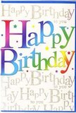 This birthday card presents a joyful, colour-soaked design that seems to glow with celebration, perfectly suited to the relaxed, friendly spirit of Maida Vale. Dominating the front, the phrase Happy Birthday is displayed in bold, rounded letters that fill the space with confident ease, each letter taking on a different colour in a smooth, rainbow-style progression. You see rich crimson flowing into warm orange, then bright lemon yellow, fresh spring green, aqua, deep blue, and regal purple, all softened at the edges as if gently airbrushed. The gradient effect feels lively and modern, like a row of vibrant party lanterns hanging above a garden gathering near Paddington Recreation Ground. Behind this main text, the background is covered with delicate, repeating lines of Happy Birthday to you written in graceful gold script. The cursive letters weave across the card in fine, looping strokes, creating a shimmering backdrop that glints softly when it catches the light, much like evening sun on the windowsills along Sutherland Avenue. Tiny decorative elements-scattered stars, dots, and confetti-style flecks in coordinated colours-pepper the design, adding texture and a sense of movement without cluttering the layout. The card's finish looks sleek and slightly glossy, suggesting a smooth, high-quality feel in the hand. Everything about the design speaks of joy and affection: bold colour for fun, golden script for warmth, and thoughtful detailing for that extra-special touch. It feels like the sort of birthday card you'd choose on purpose, perhaps while picking up fresh flowers nearby, to make someone's special day feel brighter, more personal, and lovingly celebrated.