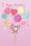 On a gentle blush-pink background that recalls the warm light over Maida Vale's garden squares, this birthday illustration captures a whimsical bouquet suspended beneath a cluster of pastel balloons. The balloons fill the upper half of the image, each one slightly overlapping the next to create a cloud-like canopy of colour-soft pinks, mint greens, lemon yellows, and lavender tones mingling in a cheerful dance. Their surfaces are adorned with an array of playful patterns: candy-like stripes curling around the curves, lively polka dots scattered as if in motion, and small floral motifs that echo the blooms below. At the centre hovers a distinctive heart-shaped balloon, a quiet symbol of love and tender birthday wishes. From this airy display hangs a hand-tied bouquet that appears freshly arranged by a careful florist. Roses and anemone-like blossoms cluster together in shades of creamy ivory, blush, and muted mauve, their petals depicted as feathery and soft to the touch. The stems are drawn snugly together with a violet satin bow, its sheen catching the light and giving a finished, polished feel. Tiny star shapes and a few delicate butterflies drift around the composition, as though caught in a gentle breeze coming off nearby Paddington Recreation Ground. The overall mood is light, airy, and joyful, like a birthday morning when fresh flowers are delivered to a Maida Vale doorstep. Everything in the scene-from the pastel palette to the intricate detailing of petals and ribbons-works together to evoke a sense of sweet celebration and thoughtful care.