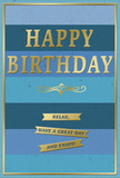 This thoughtful birthday card blends calming blues with softly gleaming gold, evoking the relaxed elegance of a Maida Vale home on a special morning. The background is made up of wide horizontal stripes, each stripe a distinct shade of blue, from deep navy through rich teal to paler, airy sky tones. These layered hues create a gentle gradient that feels both soothing and quietly festive, like watching the sky change over the rooftops along Sutherland Avenue. Set proudly in the centre, the phrase HAPPY BIRTHDAY is embossed in gold, the letters standing slightly raised, their metallic surface catching the light as the card is moved. The gold shines with a refined, satin-like glow rather than a harsh sparkle, adding to the card's sense of calm sophistication. Just beneath the main greeting, a slender golden flourish sweeps across, its decorative curls recalling classic stationery designs and lending a touch of timeless charm. Below this flourish, three neatly positioned gold banners carry the kind-hearted instruction: Relax, have a great day and enjoy! Each banner appears gently lifted from the surface, giving the design a tactile dimension you can almost feel. A narrow gold border encloses the entire composition, like a frame around a favourite picture on a Maida Vale mantel, perhaps placed beside a vase of fresh birthday blooms. The combination of cool blues and warm gold strikes a perfect balance between tranquillity and celebration, making this card ideal for wishing someone a day centered on ease, appreciation, and quiet happiness in the heart of W9.