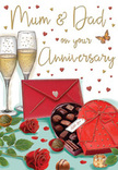 This anniversary card artwork presents a romantic tabletop scene that feels as personal and inviting as an evening in a Maida Vale home. At the centre, two champagne flutes stand side by side, rendered with slender stems and clear, luminous glass. They are filled with pale golden champagne, the surface alive with tiny bubbles that seem to glow, as if catching lamplight during a celebratory toast after dinner near Warwick Avenue. Just in front, a heart-shaped box of chocolates occupies pride of place. The box is a deep, sensual red, its lid tipped back to reveal a collection of carefully illustrated chocolates nestled inside, each one rounded or squared, shaded to suggest smooth, indulgent textures that invite sharing. A wide red ribbon forms an elegant bow across the box, its soft folds and sheen conveying a sense of luxury and care. To the side, two fully open red roses rest on the table, their velvety petals layered in rich crimson tones, exactly how an experienced local florist might select premium blooms for a special anniversary delivery across the Maida Vale area. Their fresh green leaves and stems soften the composition, adding natural brightness against the deeper reds. Sprinkled around are small gold and red hearts, which float like confetti through the air, framing the affectionate hand-lettering for Mum & Dad that declares the card's purpose with warmth. A scarlet envelope lies nearby, sealed and waiting, promising a handwritten message of thanks, love, and shared history. Together, these elements create an atmosphere of intimate celebration: the imagined scent of roses, the taste of chocolate, and the gentle clink of glasses honouring years of devotion.